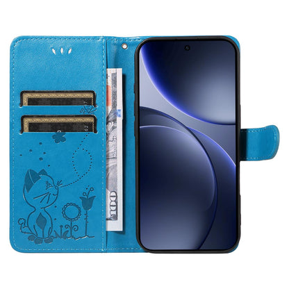 For OPPO Find X9 Cat and Bee Embossed Flip Leather Phone Case Wallet Cover with Card Slots Cash Pocket Magnetic Stand Protective Shockproof TPU PU Leather Case with Wrist Strap