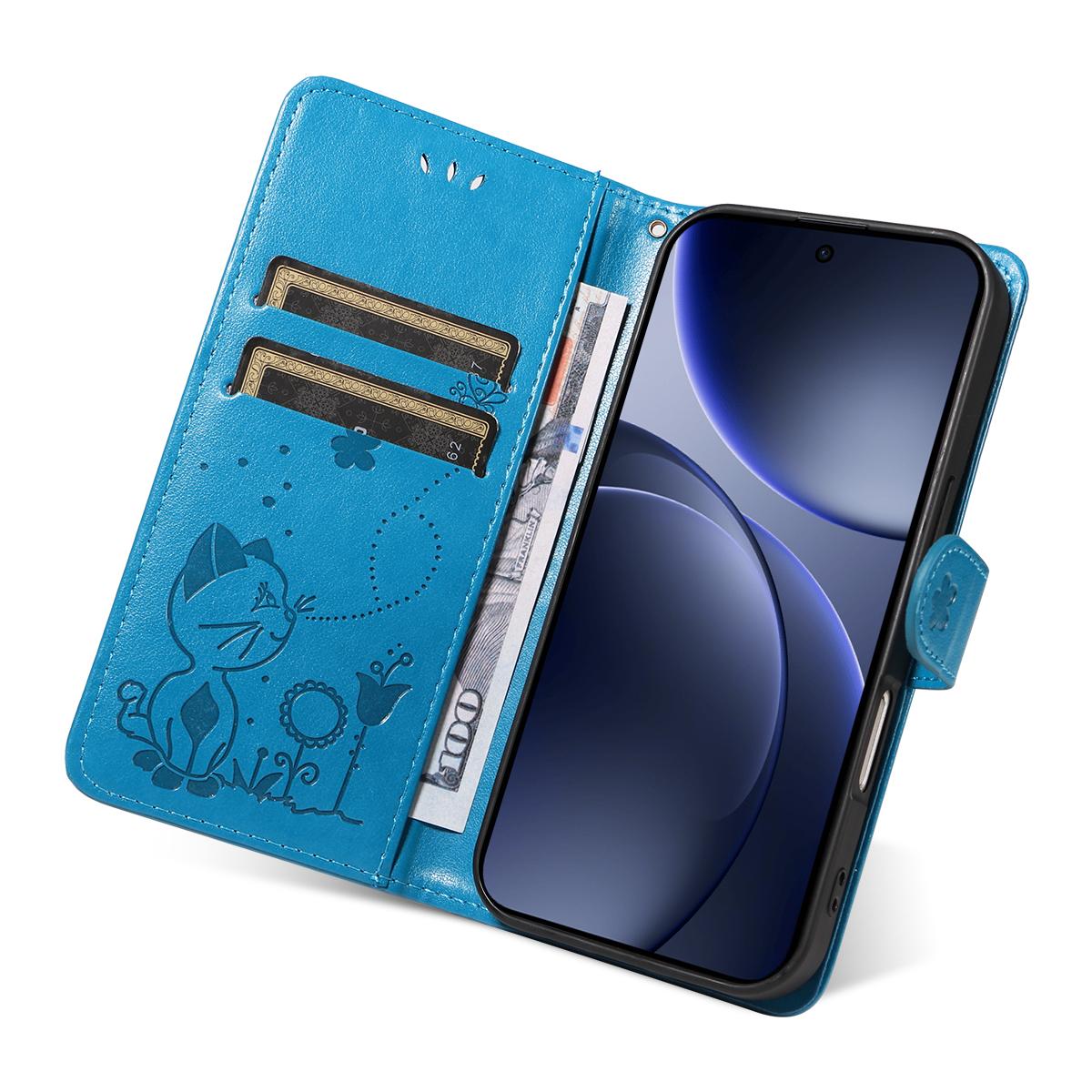 For OPPO Find X9 Cat and Bee Embossed Flip Leather Phone Case Wallet Cover with Card Slots Cash Pocket Magnetic Stand Protective Shockproof TPU PU Leather Case with Wrist Strap