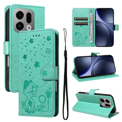 For OPPO Find X9 Cat and Bee Embossed Flip Leather Phone Case Wallet Cover with Card Slots Cash Pocket Magnetic Stand Protective Shockproof TPU PU Leather Case with Wrist Strap