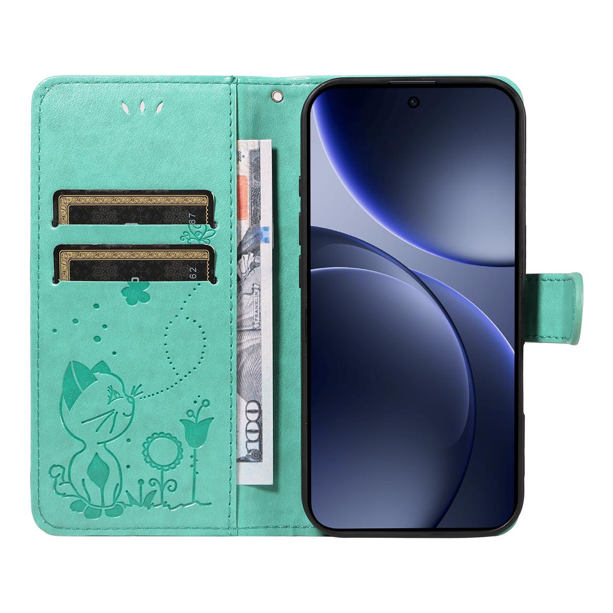 For OPPO Find X9 Cat and Bee Embossed Flip Leather Phone Case Wallet Cover with Card Slots Cash Pocket Magnetic Stand Protective Shockproof TPU PU Leather Case with Wrist Strap