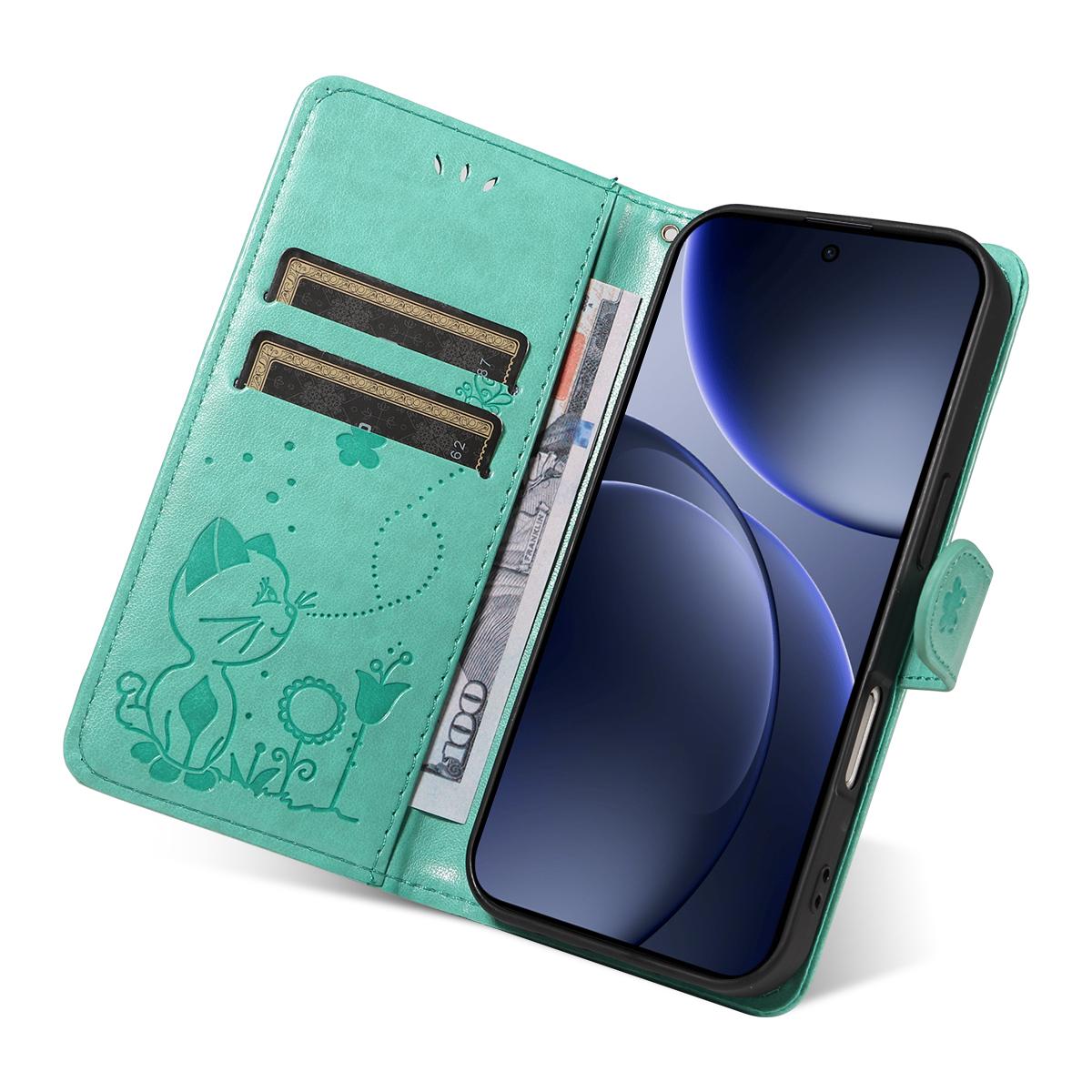 For OPPO Find X9 Cat and Bee Embossed Flip Leather Phone Case Wallet Cover with Card Slots Cash Pocket Magnetic Stand Protective Shockproof TPU PU Leather Case with Wrist Strap