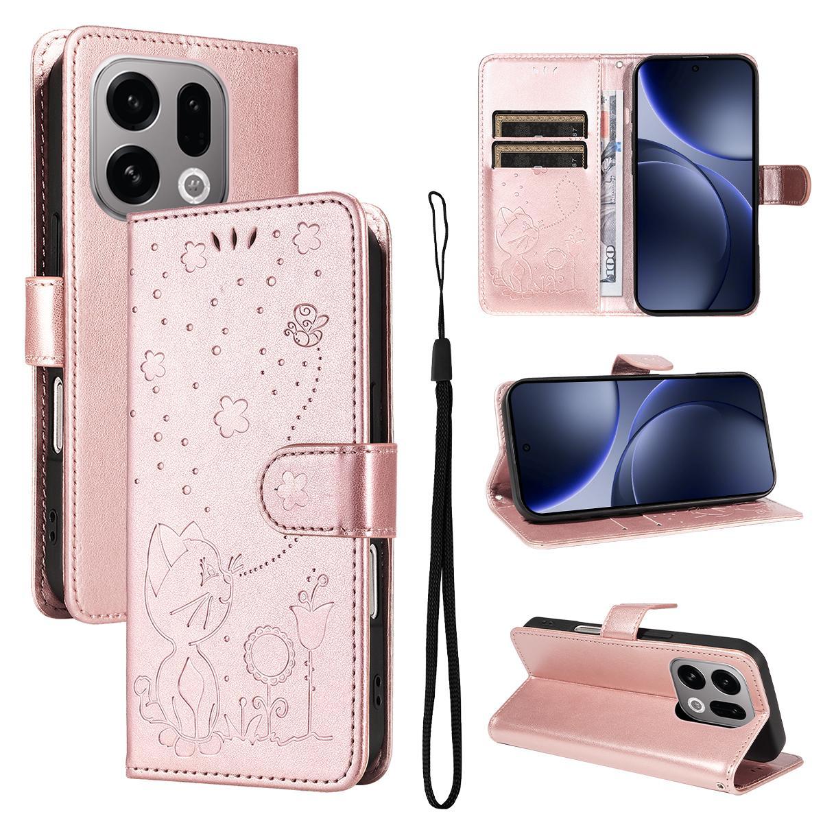 For OPPO Find X9 Cat and Bee Embossed Flip Leather Phone Case Wallet Cover with Card Slots Cash Pocket Magnetic Stand Protective Shockproof TPU PU Leather Case with Wrist Strap