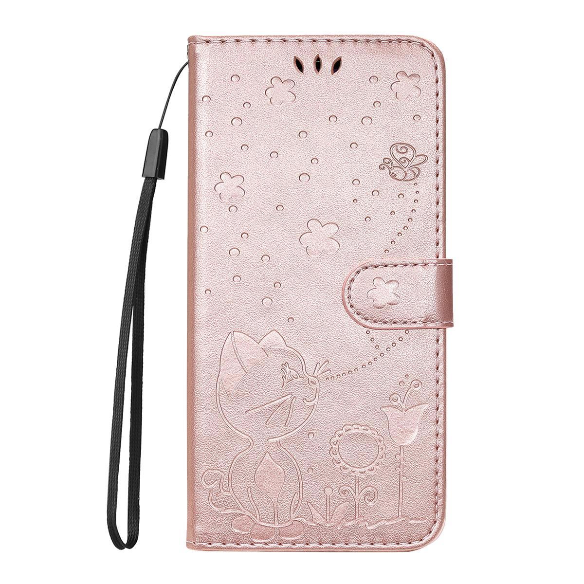 For OPPO Find X9 Cat and Bee Embossed Flip Leather Phone Case Wallet Cover with Card Slots Cash Pocket Magnetic Stand Protective Shockproof TPU PU Leather Case with Wrist Strap