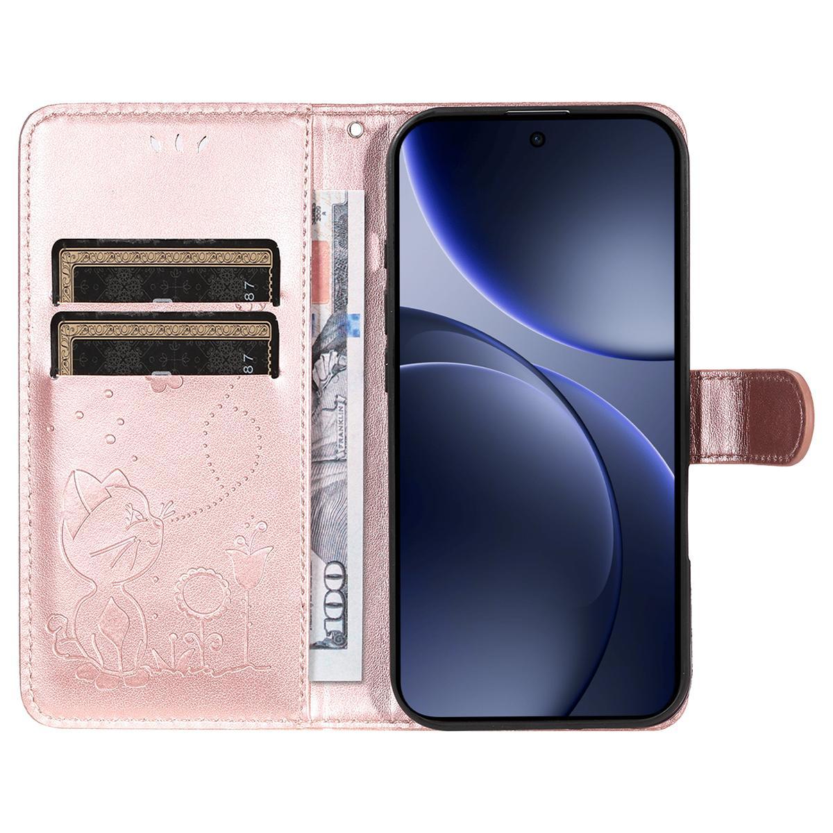 For OPPO Find X9 Cat and Bee Embossed Flip Leather Phone Case Wallet Cover with Card Slots Cash Pocket Magnetic Stand Protective Shockproof TPU PU Leather Case with Wrist Strap