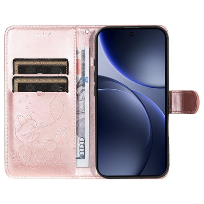 For OPPO Find X9 Cat and Bee Embossed Flip Leather Phone Case Wallet Cover with Card Slots Cash Pocket Magnetic Stand Protective Shockproof TPU PU Leather Case with Wrist Strap