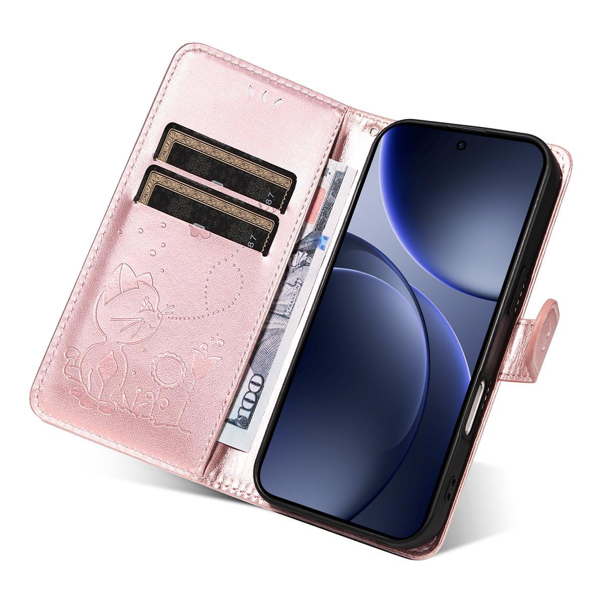 For OPPO Find X9 Cat and Bee Embossed Flip Leather Phone Case Wallet Cover with Card Slots Cash Pocket Magnetic Stand Protective Shockproof TPU PU Leather Case with Wrist Strap