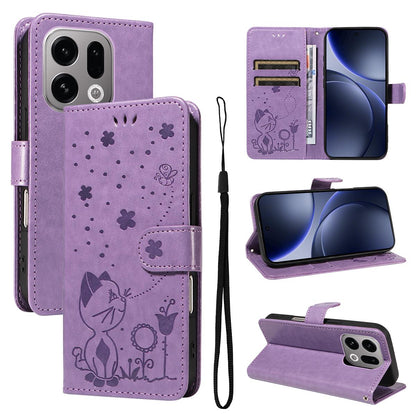 For OPPO Find X9 Cat and Bee Embossed Flip Leather Phone Case Wallet Cover with Card Slots Cash Pocket Magnetic Stand Protective Shockproof TPU PU Leather Case with Wrist Strap
