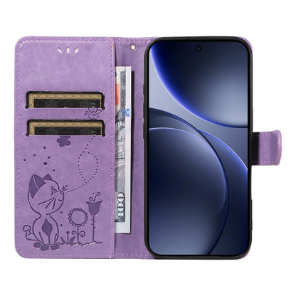 For OPPO Find X9 Cat and Bee Embossed Flip Leather Phone Case Wallet Cover with Card Slots Cash Pocket Magnetic Stand Protective Shockproof TPU PU Leather Case with Wrist Strap