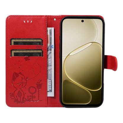 For OPPO A6 5G Cat and Bee Embossed Flip Leather Phone Case Wallet Cover with Card Slots Cash Pocket Magnetic Stand Protective Shockproof TPU PU Leather Case with Wrist Strap