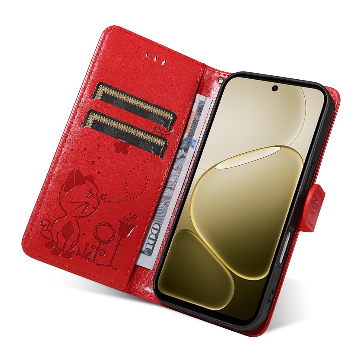 For OPPO A6X 5G Cat and Bee Embossed Flip Leather Phone Case Wallet Cover with Card Slots Cash Pocket Magnetic Stand Protective Shockproof TPU PU Leather Case with Wrist Strap
