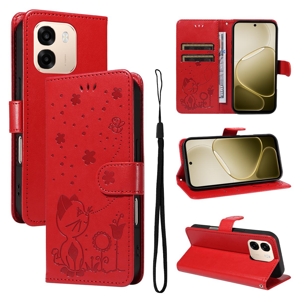For OPPO A6 5G Cat and Bee Embossed Flip Leather Phone Case Wallet Cover with Card Slots Cash Pocket Magnetic Stand Protective Shockproof TPU PU Leather Case with Wrist Strap
