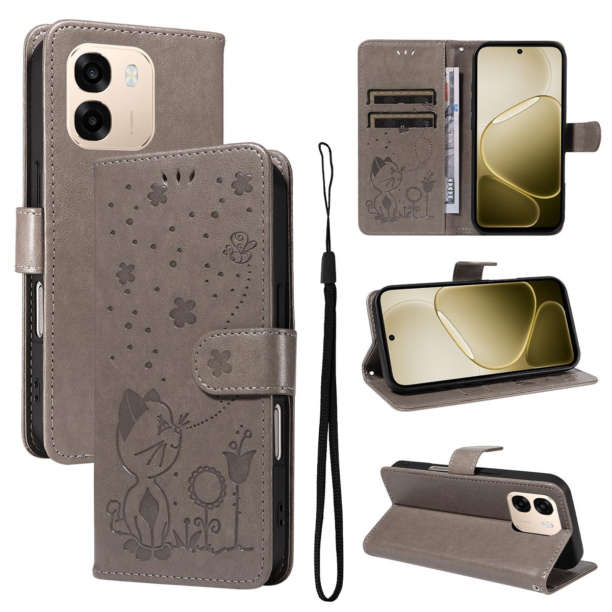For OPPO A6X 5G Cat and Bee Embossed Flip Leather Phone Case Wallet Cover with Card Slots Cash Pocket Magnetic Stand Protective Shockproof TPU PU Leather Case with Wrist Strap