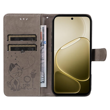For OPPO A6 5G Cat and Bee Embossed Flip Leather Phone Case Wallet Cover with Card Slots Cash Pocket Magnetic Stand Protective Shockproof TPU PU Leather Case with Wrist Strap