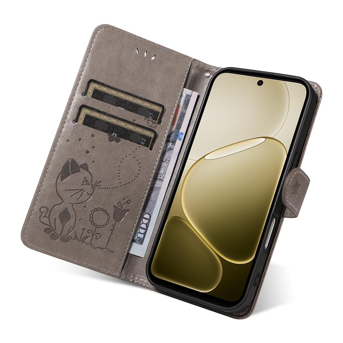 For OPPO A6X 5G Cat and Bee Embossed Flip Leather Phone Case Wallet Cover with Card Slots Cash Pocket Magnetic Stand Protective Shockproof TPU PU Leather Case with Wrist Strap