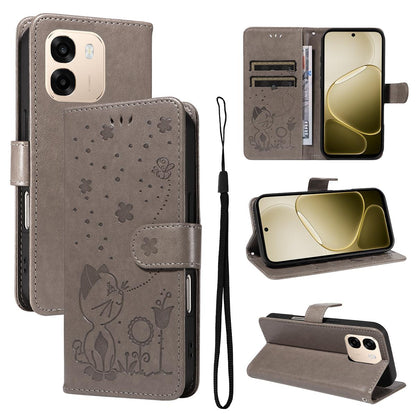 For OPPO A6 5G Cat and Bee Embossed Flip Leather Phone Case Wallet Cover with Card Slots Cash Pocket Magnetic Stand Protective Shockproof TPU PU Leather Case with Wrist Strap