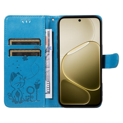 For OPPO A6 5G Cat and Bee Embossed Flip Leather Phone Case Wallet Cover with Card Slots Cash Pocket Magnetic Stand Protective Shockproof TPU PU Leather Case with Wrist Strap
