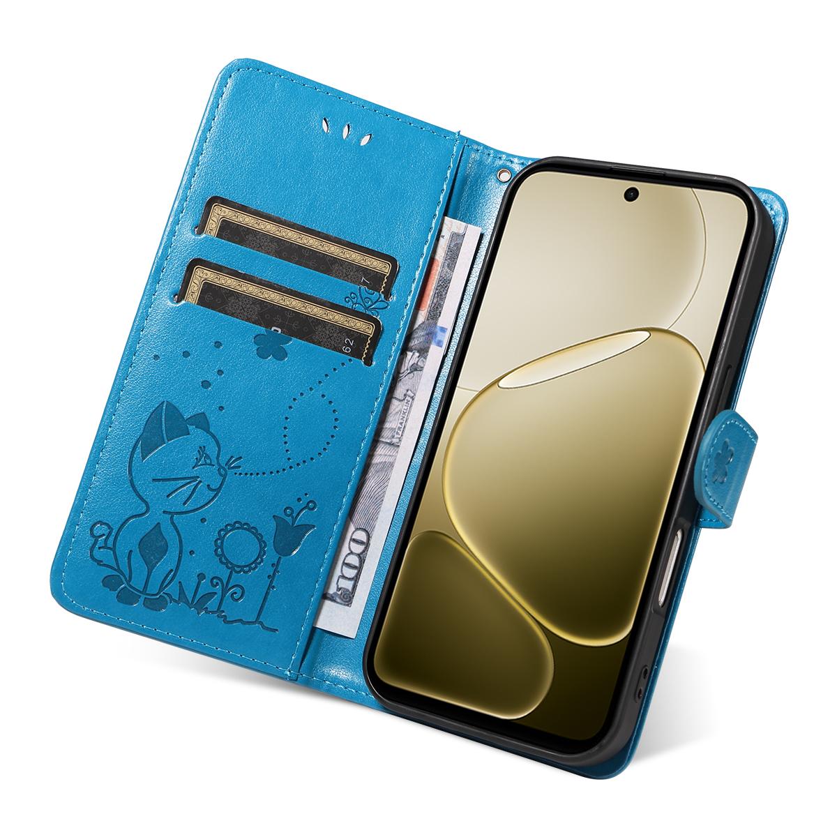 For OPPO A6X 5G Cat and Bee Embossed Flip Leather Phone Case Wallet Cover with Card Slots Cash Pocket Magnetic Stand Protective Shockproof TPU PU Leather Case with Wrist Strap