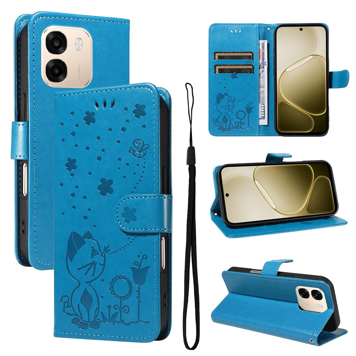 For OPPO A6 5G Cat and Bee Embossed Flip Leather Phone Case Wallet Cover with Card Slots Cash Pocket Magnetic Stand Protective Shockproof TPU PU Leather Case with Wrist Strap