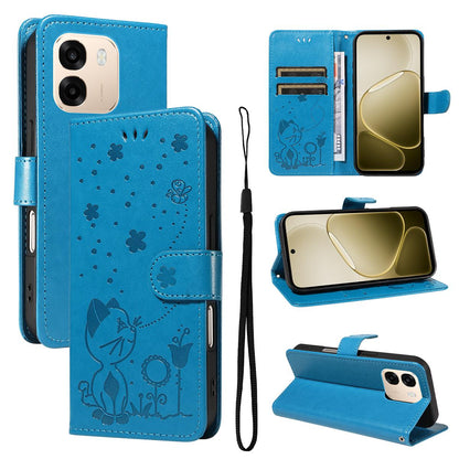For OPPO A6 5G Cat and Bee Embossed Flip Leather Phone Case Wallet Cover with Card Slots Cash Pocket Magnetic Stand Protective Shockproof TPU PU Leather Case with Wrist Strap