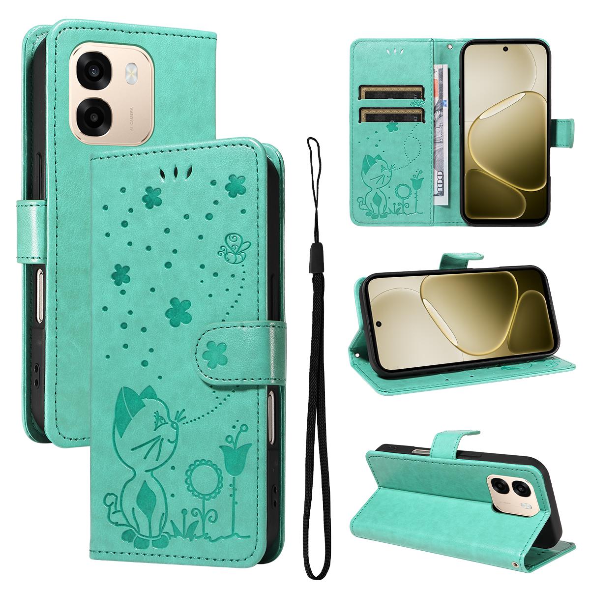 For OPPO A6X 5G Cat and Bee Embossed Flip Leather Phone Case Wallet Cover with Card Slots Cash Pocket Magnetic Stand Protective Shockproof TPU PU Leather Case with Wrist Strap