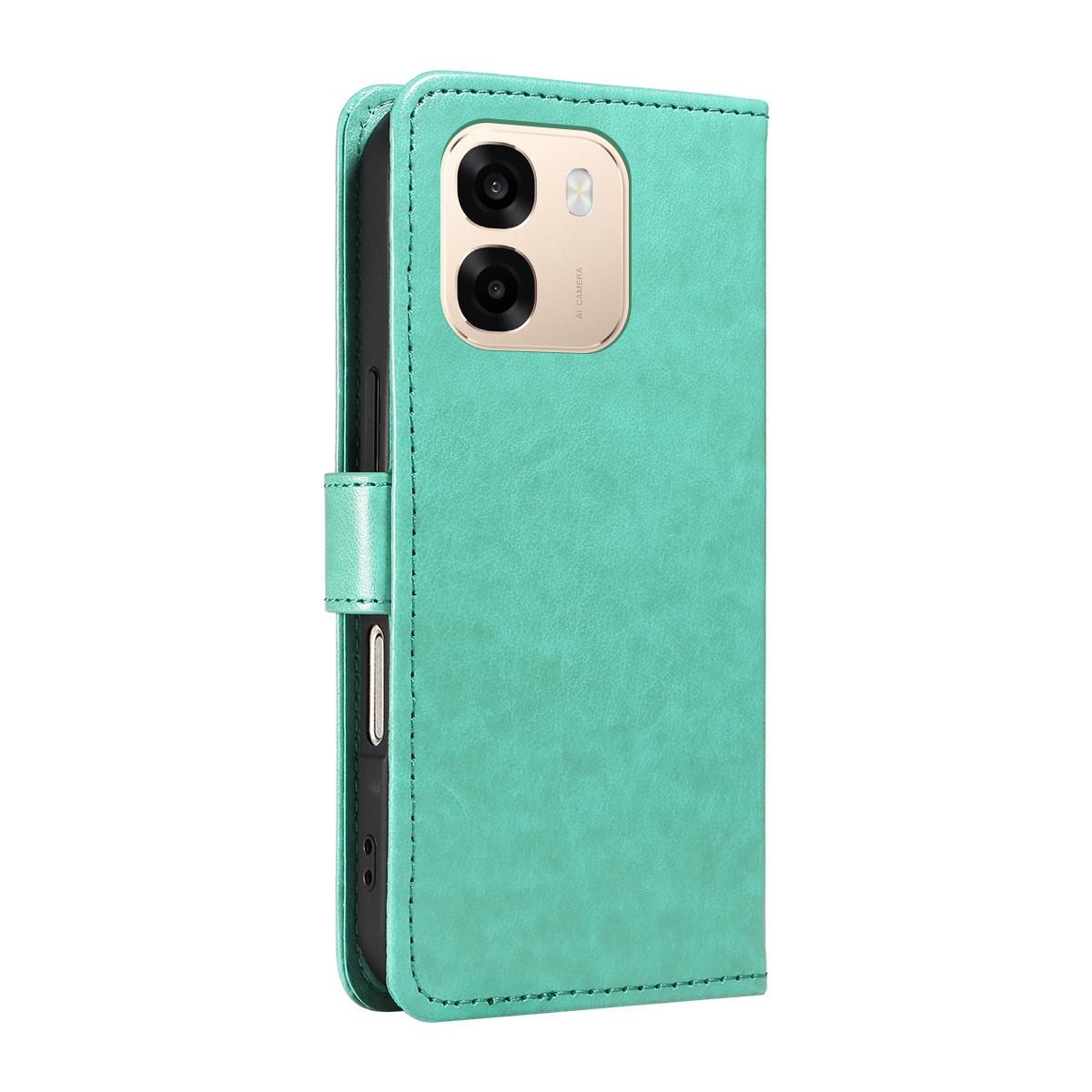 For OPPO A6X 5G Cat and Bee Embossed Flip Leather Phone Case Wallet Cover with Card Slots Cash Pocket Magnetic Stand Protective Shockproof TPU PU Leather Case with Wrist Strap
