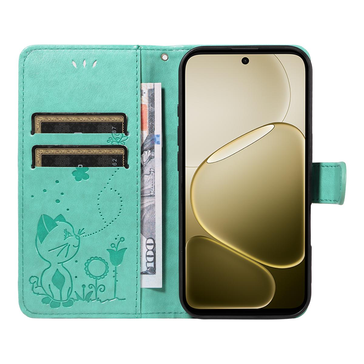 For OPPO A6X 5G Cat and Bee Embossed Flip Leather Phone Case Wallet Cover with Card Slots Cash Pocket Magnetic Stand Protective Shockproof TPU PU Leather Case with Wrist Strap