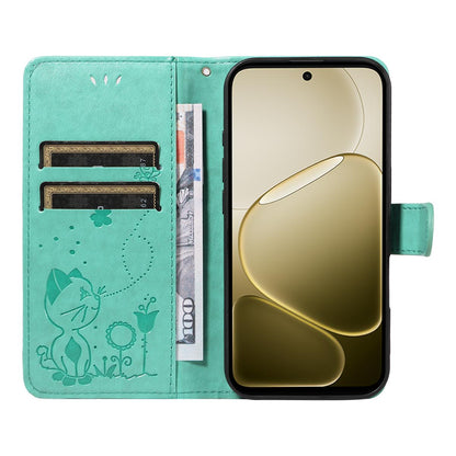 For OPPO A6X 5G Cat and Bee Embossed Flip Leather Phone Case Wallet Cover with Card Slots Cash Pocket Magnetic Stand Protective Shockproof TPU PU Leather Case with Wrist Strap