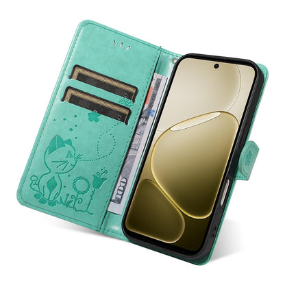 For OPPO A6 5G Cat and Bee Embossed Flip Leather Phone Case Wallet Cover with Card Slots Cash Pocket Magnetic Stand Protective Shockproof TPU PU Leather Case with Wrist Strap