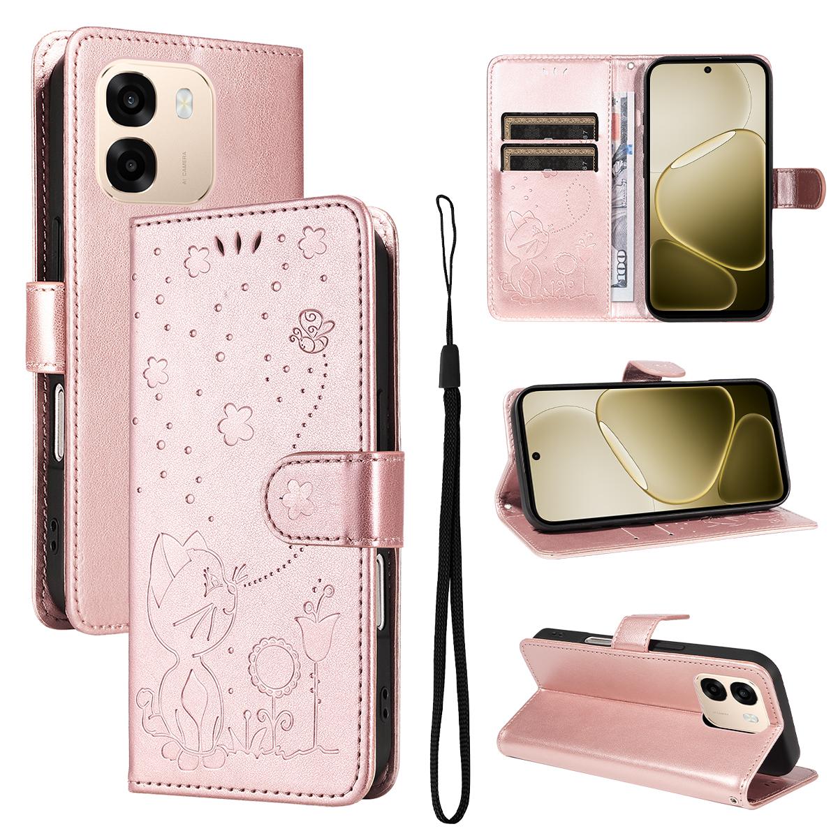 For OPPO A6X 5G Cat and Bee Embossed Flip Leather Phone Case Wallet Cover with Card Slots Cash Pocket Magnetic Stand Protective Shockproof TPU PU Leather Case with Wrist Strap