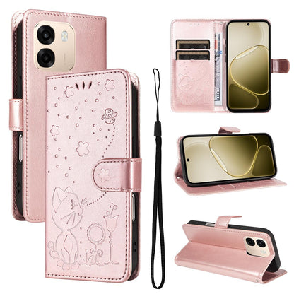 For OPPO A6X 5G Cat and Bee Embossed Flip Leather Phone Case Wallet Cover with Card Slots Cash Pocket Magnetic Stand Protective Shockproof TPU PU Leather Case with Wrist Strap