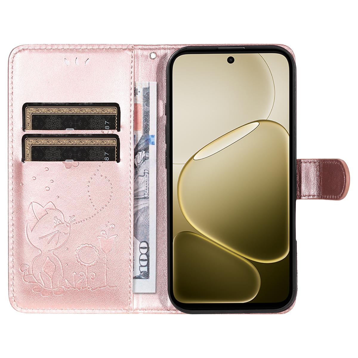 For OPPO A6X 5G Cat and Bee Embossed Flip Leather Phone Case Wallet Cover with Card Slots Cash Pocket Magnetic Stand Protective Shockproof TPU PU Leather Case with Wrist Strap
