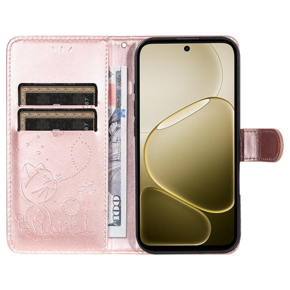 For OPPO A6 5G Cat and Bee Embossed Flip Leather Phone Case Wallet Cover with Card Slots Cash Pocket Magnetic Stand Protective Shockproof TPU PU Leather Case with Wrist Strap