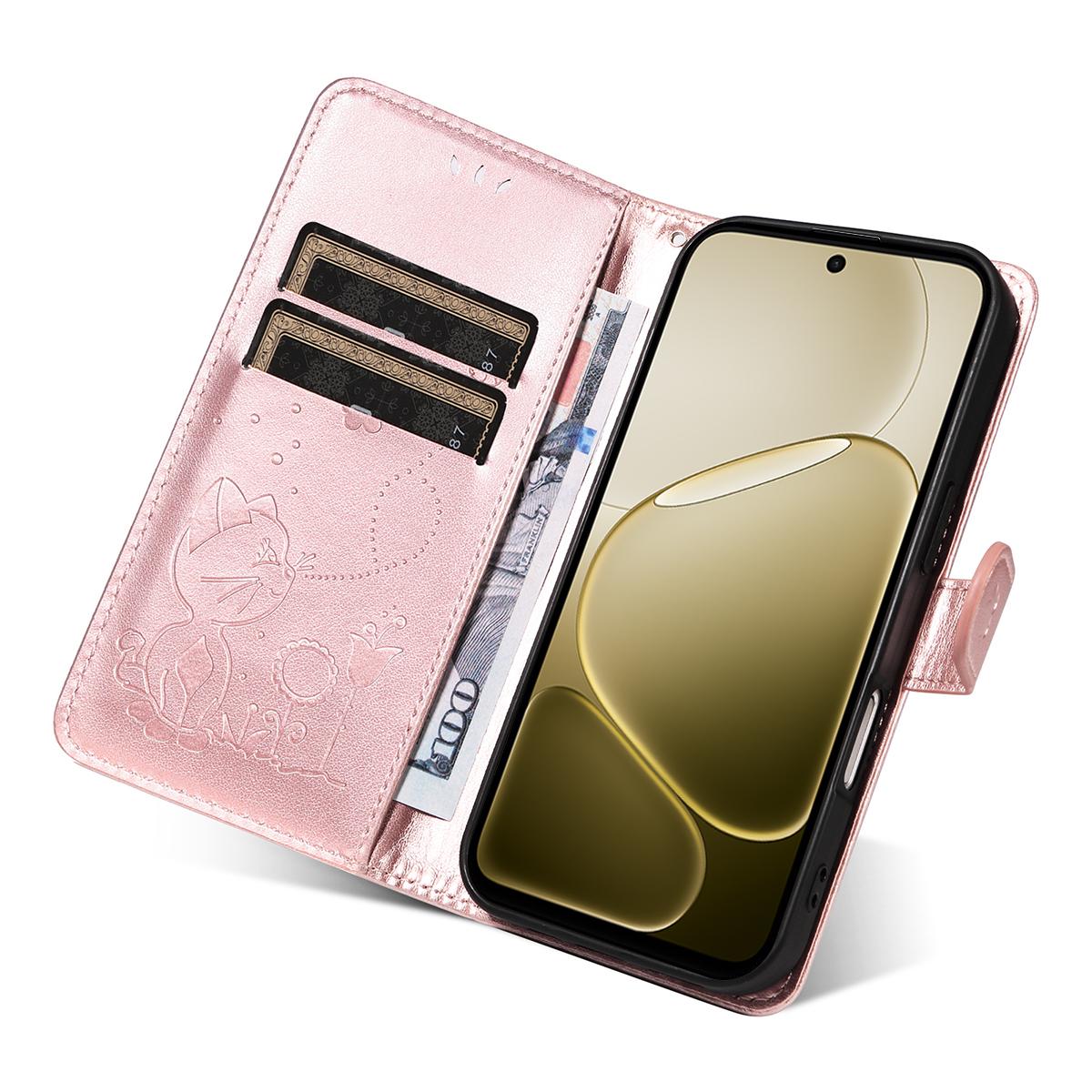 For OPPO A6X 5G Cat and Bee Embossed Flip Leather Phone Case Wallet Cover with Card Slots Cash Pocket Magnetic Stand Protective Shockproof TPU PU Leather Case with Wrist Strap