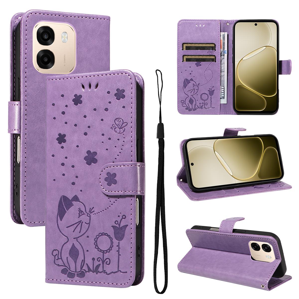For OPPO A6X 5G Cat and Bee Embossed Flip Leather Phone Case Wallet Cover with Card Slots Cash Pocket Magnetic Stand Protective Shockproof TPU PU Leather Case with Wrist Strap