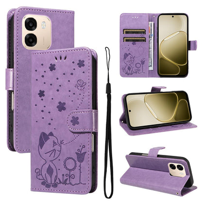 For OPPO A6X 5G Cat and Bee Embossed Flip Leather Phone Case Wallet Cover with Card Slots Cash Pocket Magnetic Stand Protective Shockproof TPU PU Leather Case with Wrist Strap