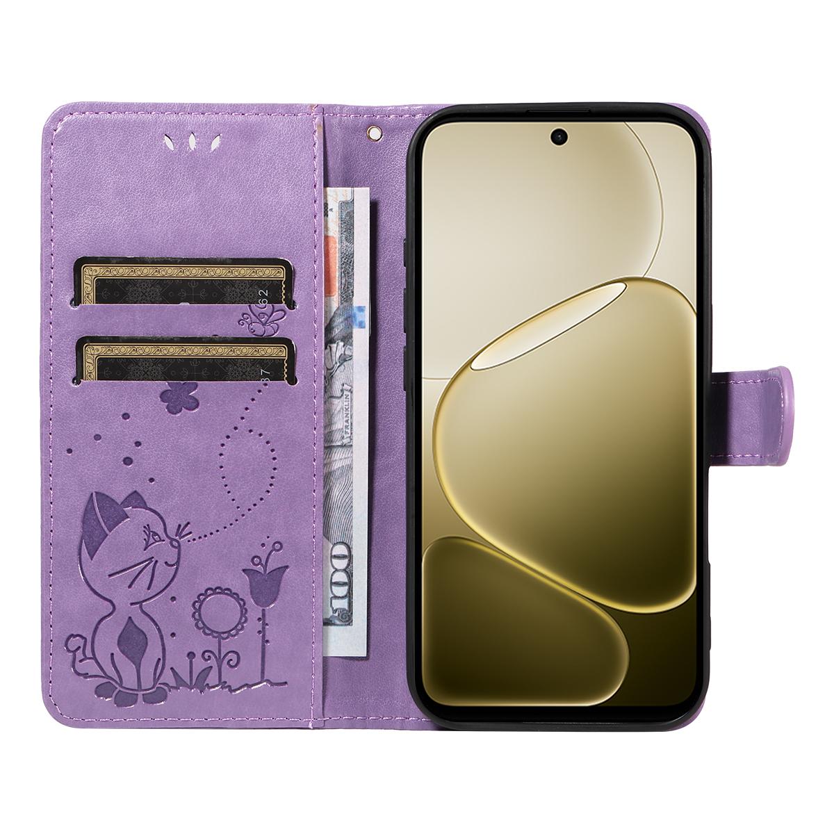 For OPPO A6 5G Cat and Bee Embossed Flip Leather Phone Case Wallet Cover with Card Slots Cash Pocket Magnetic Stand Protective Shockproof TPU PU Leather Case with Wrist Strap