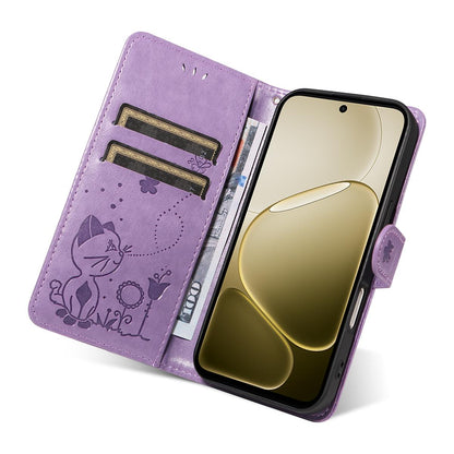 For OPPO A6X 5G Cat and Bee Embossed Flip Leather Phone Case Wallet Cover with Card Slots Cash Pocket Magnetic Stand Protective Shockproof TPU PU Leather Case with Wrist Strap