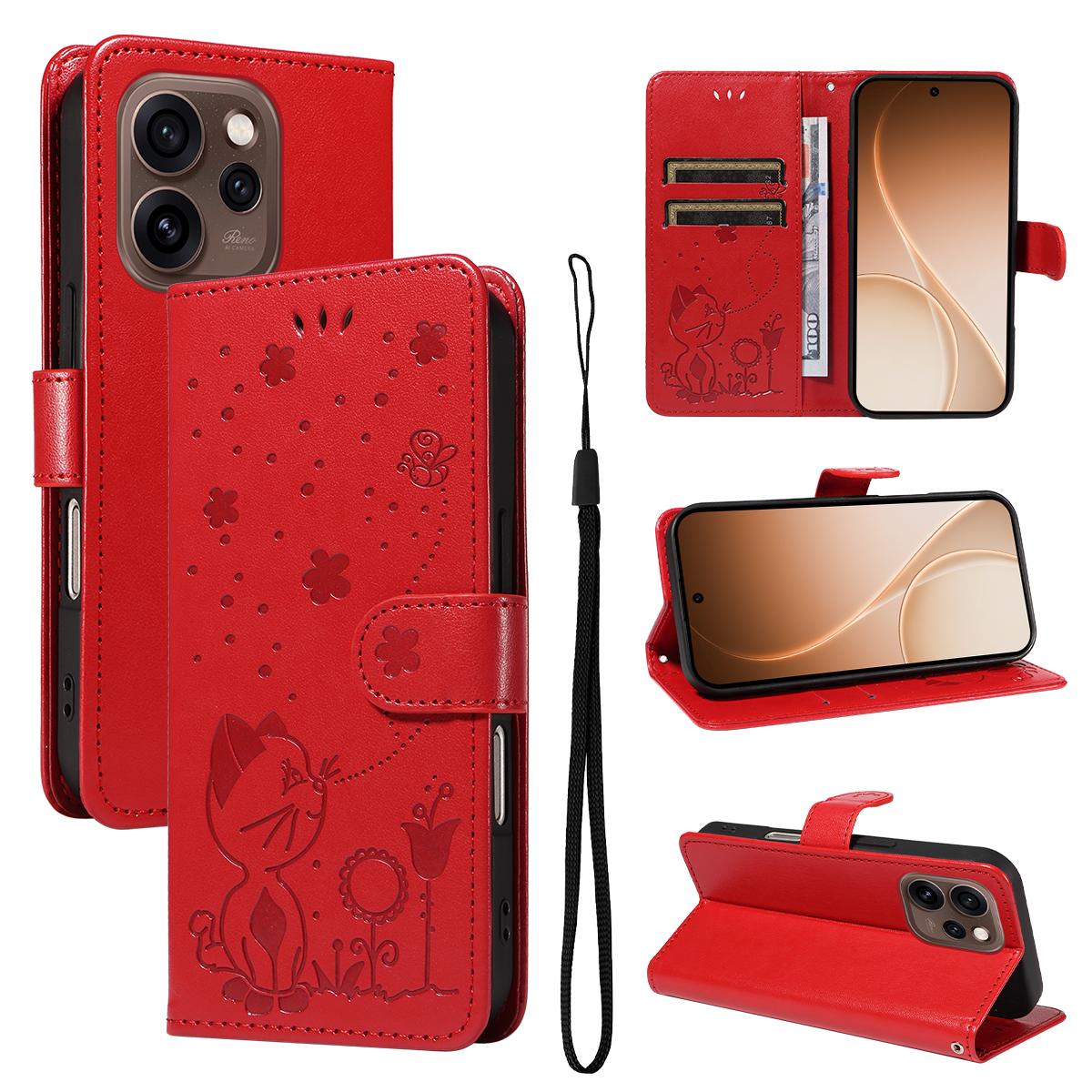 For OPPO Reno15 5G Cat and Bee Embossed Flip Leather Phone Case Wallet Cover with Card Slots Cash Pocket Magnetic Stand Protective Shockproof TPU PU Leather Case with Wrist Strap
