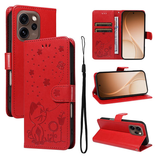 For OPPO Reno15 5G Cat and Bee Embossed Flip Leather Phone Case Wallet Cover with Card Slots Cash Pocket Magnetic Stand Protective Shockproof TPU PU Leather Case with Wrist Strap