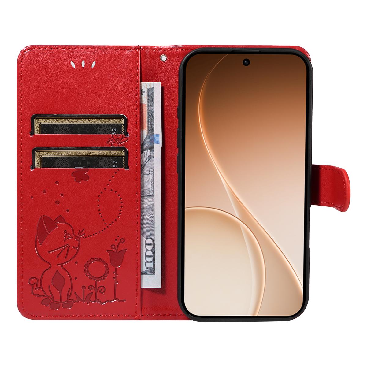 For OPPO Reno15 5G Cat and Bee Embossed Flip Leather Phone Case Wallet Cover with Card Slots Cash Pocket Magnetic Stand Protective Shockproof TPU PU Leather Case with Wrist Strap