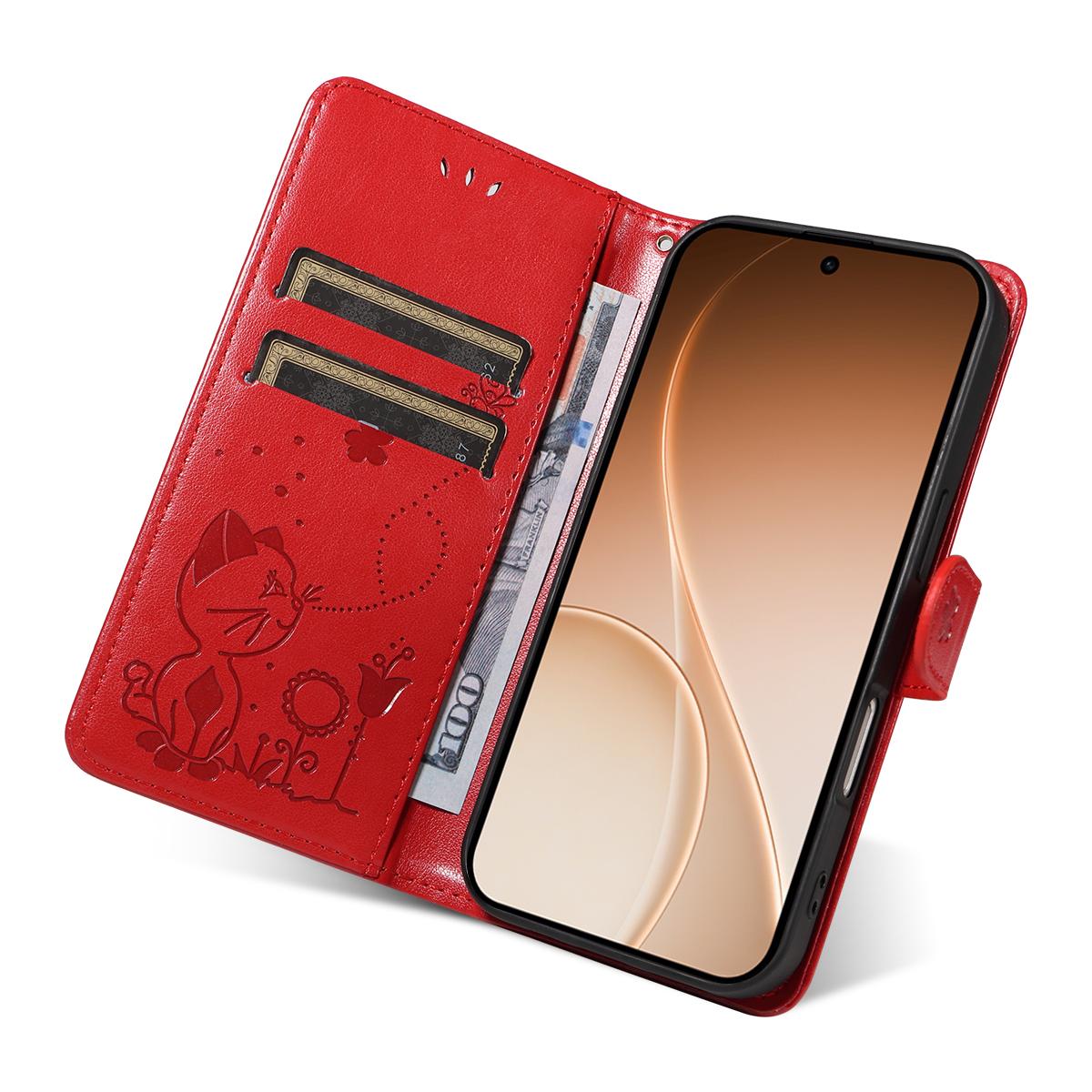 For OPPO Reno15 5G Cat and Bee Embossed Flip Leather Phone Case Wallet Cover with Card Slots Cash Pocket Magnetic Stand Protective Shockproof TPU PU Leather Case with Wrist Strap