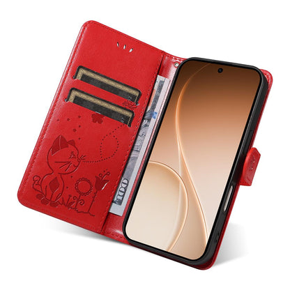 For OPPO Reno15 5G Cat and Bee Embossed Flip Leather Phone Case Wallet Cover with Card Slots Cash Pocket Magnetic Stand Protective Shockproof TPU PU Leather Case with Wrist Strap