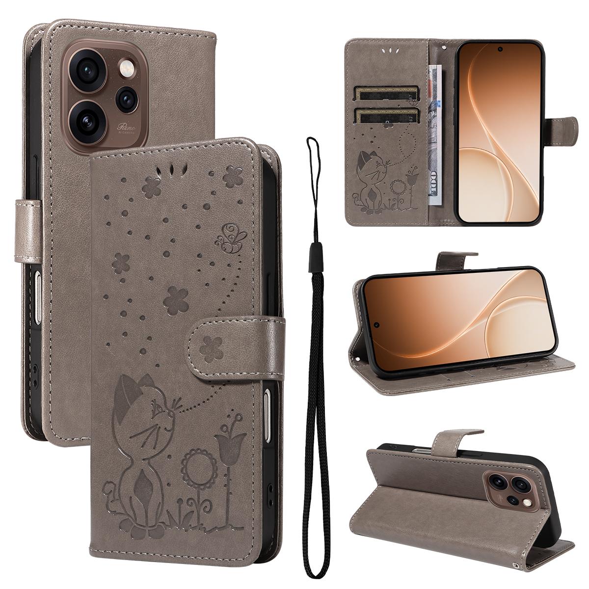 For OPPO Reno15 5G Cat and Bee Embossed Flip Leather Phone Case Wallet Cover with Card Slots Cash Pocket Magnetic Stand Protective Shockproof TPU PU Leather Case with Wrist Strap