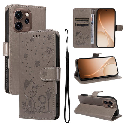 For OPPO Reno15 5G Cat and Bee Embossed Flip Leather Phone Case Wallet Cover with Card Slots Cash Pocket Magnetic Stand Protective Shockproof TPU PU Leather Case with Wrist Strap