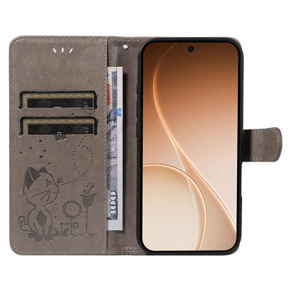 For OPPO Reno15 5G Cat and Bee Embossed Flip Leather Phone Case Wallet Cover with Card Slots Cash Pocket Magnetic Stand Protective Shockproof TPU PU Leather Case with Wrist Strap