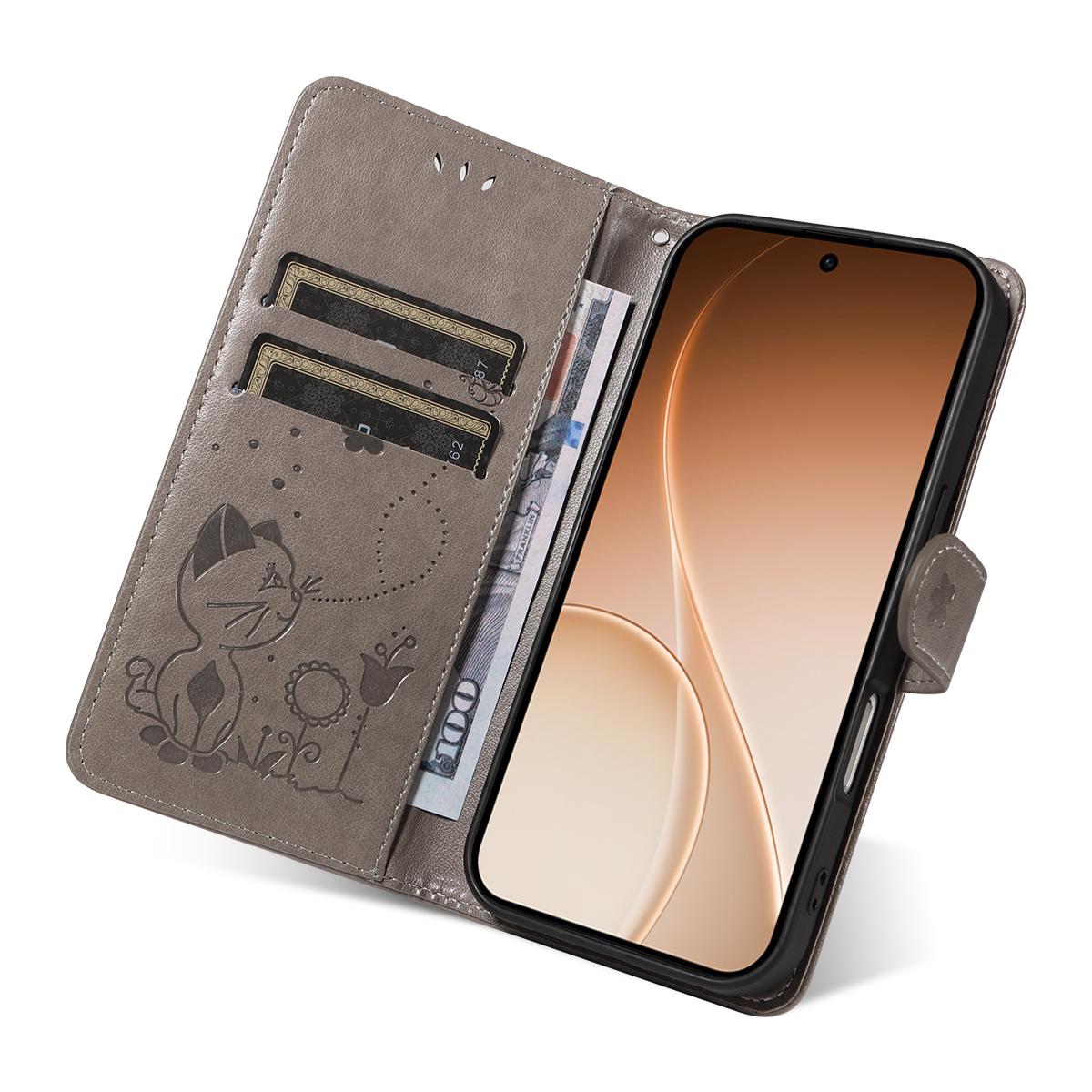 For OPPO Reno15 5G Cat and Bee Embossed Flip Leather Phone Case Wallet Cover with Card Slots Cash Pocket Magnetic Stand Protective Shockproof TPU PU Leather Case with Wrist Strap