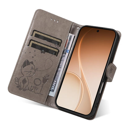 For OPPO Reno15 5G Cat and Bee Embossed Flip Leather Phone Case Wallet Cover with Card Slots Cash Pocket Magnetic Stand Protective Shockproof TPU PU Leather Case with Wrist Strap
