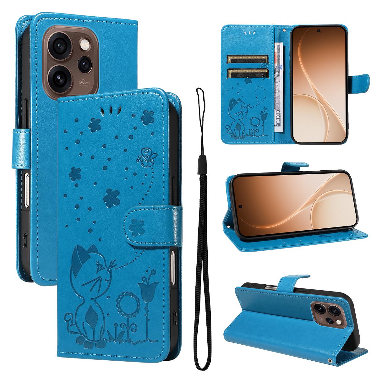 For OPPO Reno15 5G Cat and Bee Embossed Flip Leather Phone Case Wallet Cover with Card Slots Cash Pocket Magnetic Stand Protective Shockproof TPU PU Leather Case with Wrist Strap