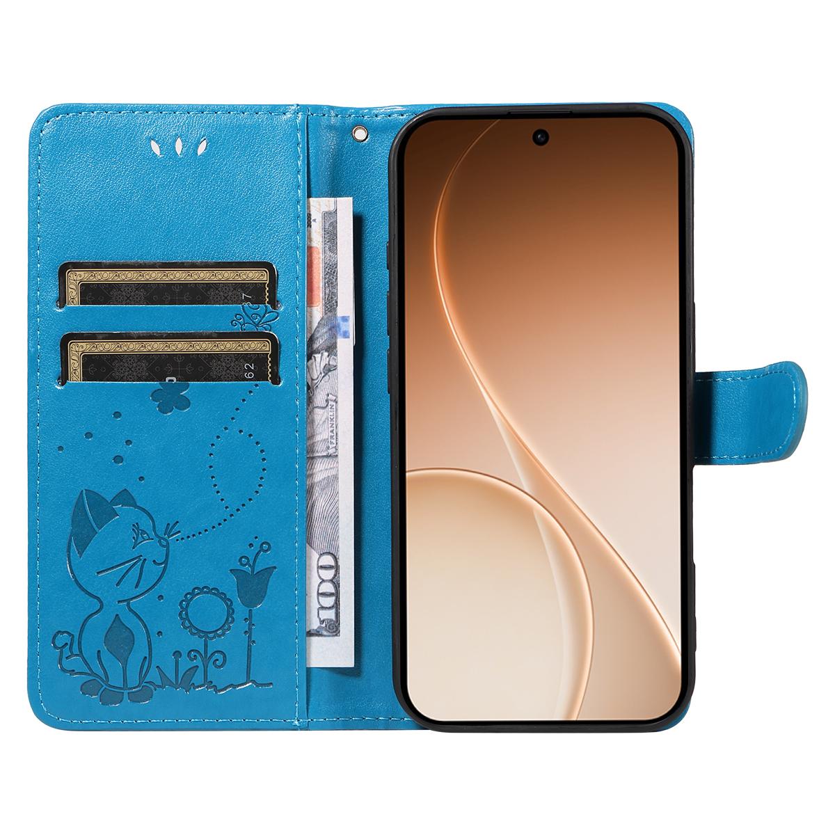 For OPPO Reno15 5G Cat and Bee Embossed Flip Leather Phone Case Wallet Cover with Card Slots Cash Pocket Magnetic Stand Protective Shockproof TPU PU Leather Case with Wrist Strap