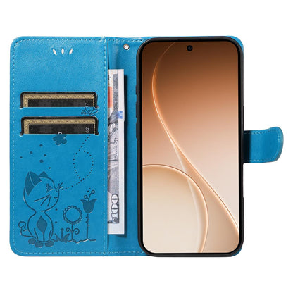 For OPPO Reno15 5G Cat and Bee Embossed Flip Leather Phone Case Wallet Cover with Card Slots Cash Pocket Magnetic Stand Protective Shockproof TPU PU Leather Case with Wrist Strap